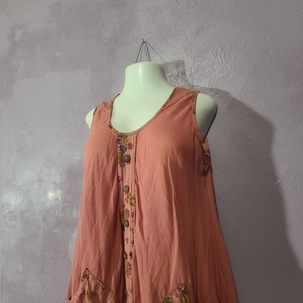 Fairycore Midi Dress Women Coral Pink Floral Trim Layered Boho Pockets Large - Picture 8 of 12